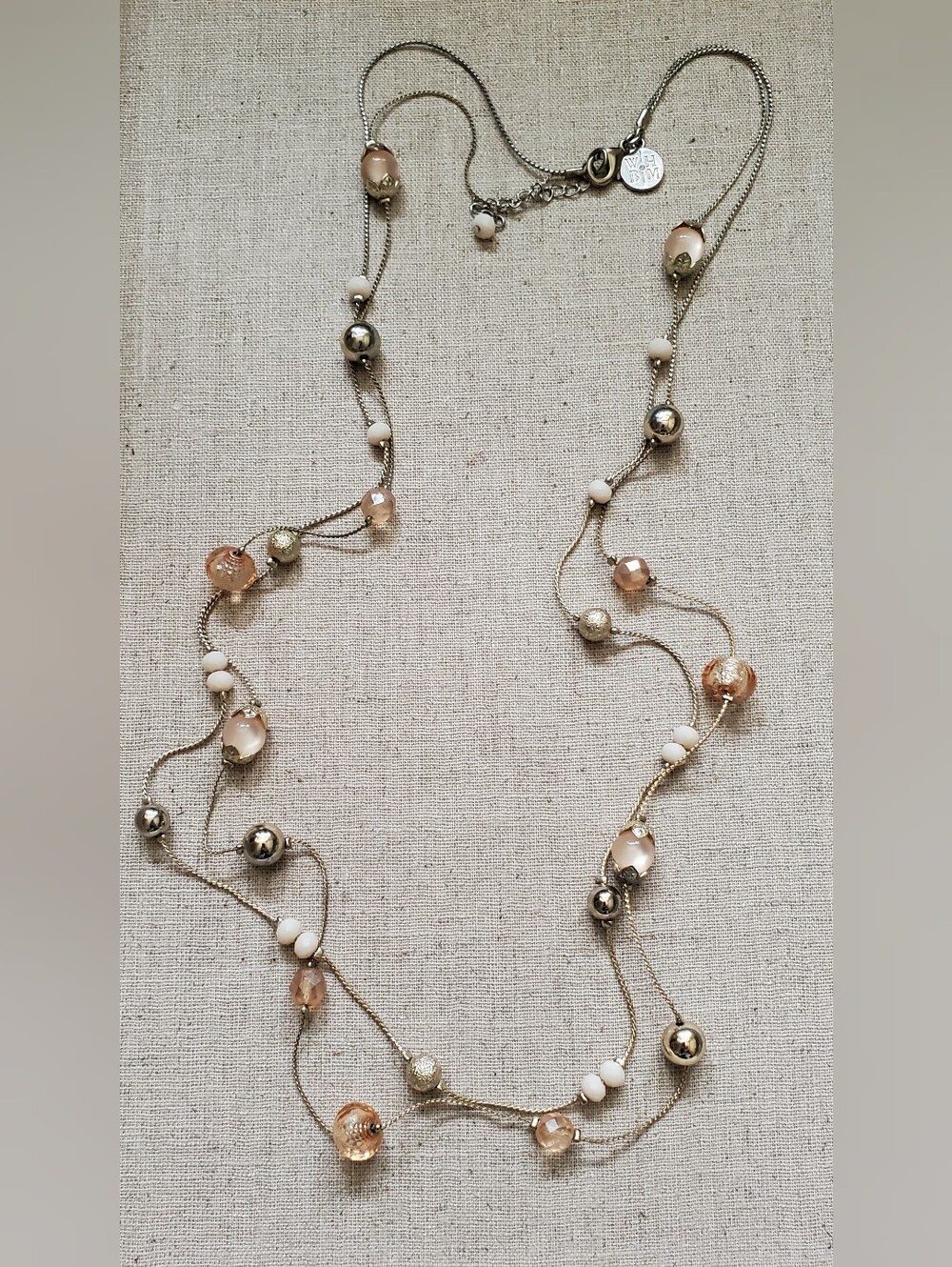 WHBM Multi-Strand station necklace with blush cat's eye glass and textured beads